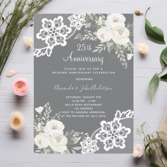 White florals grey 25th wedding anniversary invitation (Creator Uploaded)