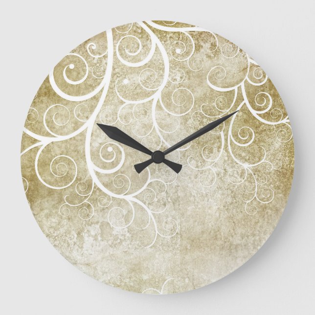 White florals on beige grunge background clock (Front)