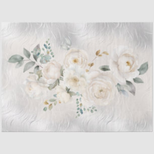 White Florals on Silver Tone Decoupage  Tissue Paper