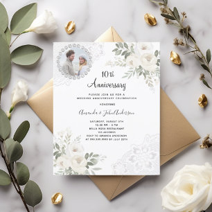 White florals photo 10th wedding invitation
