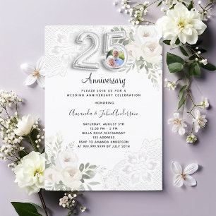 White florals photo 25th wedding anniversary invitation