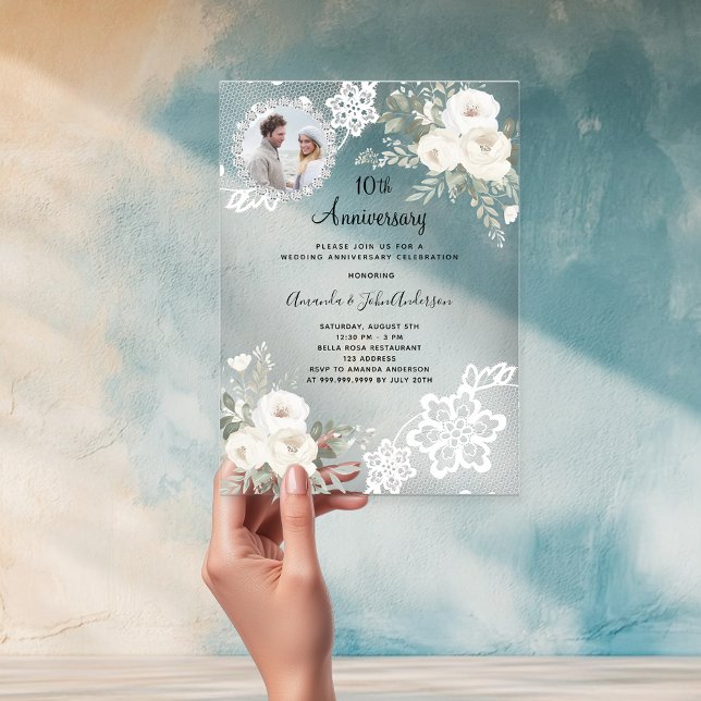 White florals photo clear 10th wedding anniversary acrylic invitations (Creator Uploaded)