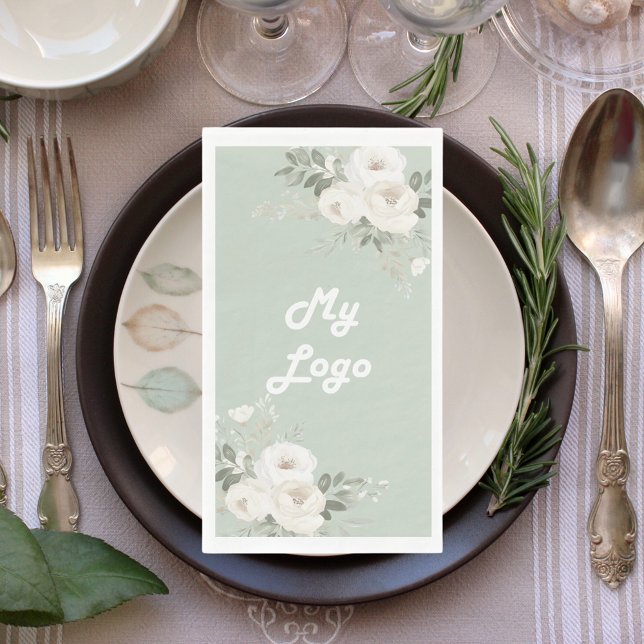 White florals sage green business logo napkin (Creator Uploaded)