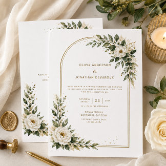 White Florals Sage Greenery Gold Arch Reception | Invitation