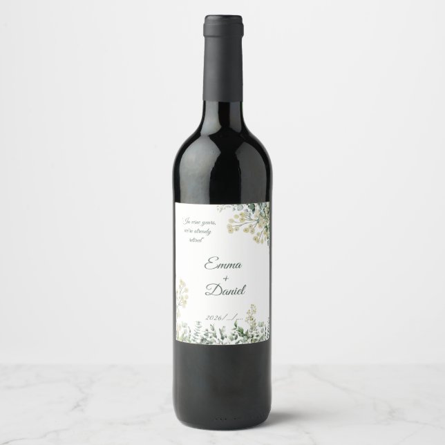 White Florals with a Funny Quote Wedding Wine Label (Front)
