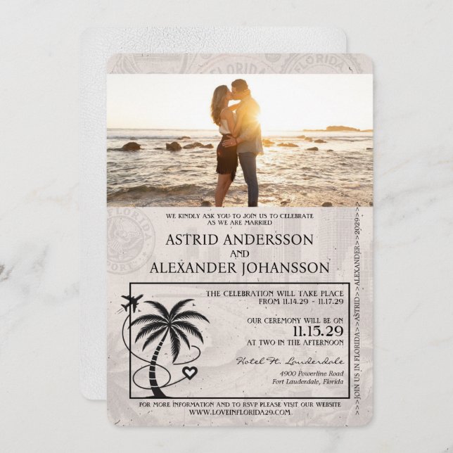 White Florida Passport Wedding Invitation (Front/Back)