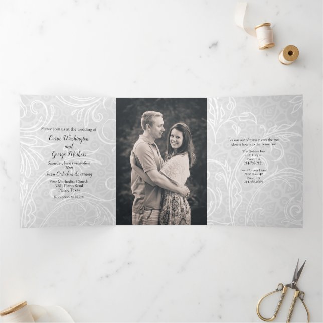 White Flourishes Wedding Tri-Fold Invitation (Inside)