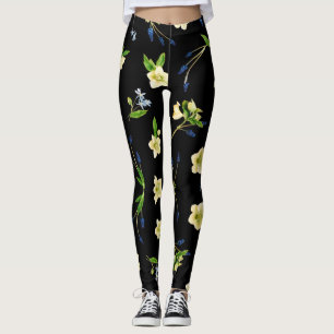 White flower and blue buds floral pattern leggings