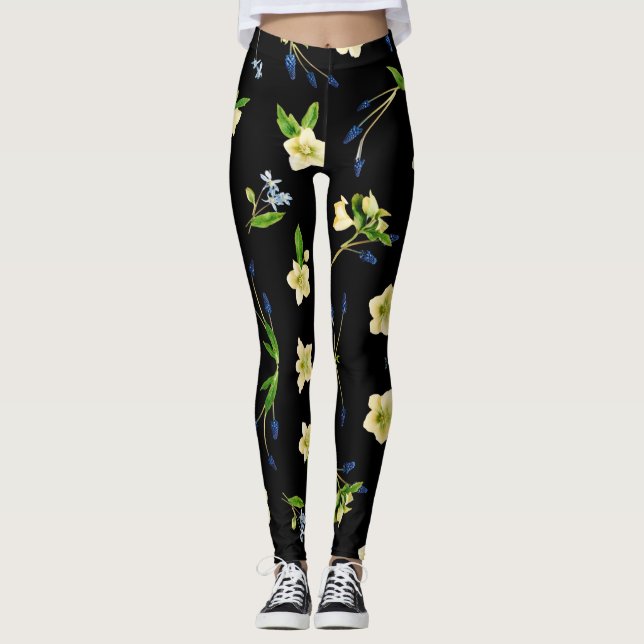 White flower and blue buds floral pattern leggings (Front)