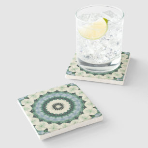 White Flower and Cerulean Blue Mandala Stone Coaster