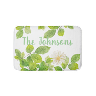 White Flower and Green Leaves Garden Bath Mat