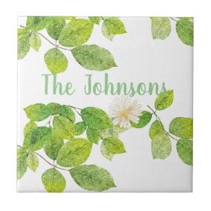 White Flower and Green Leaves Garden Ceramic Tile
