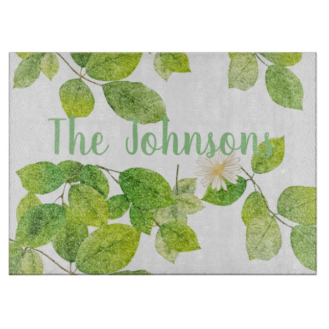 White Flower and Green Leaves Garden Cutting Board (Front)