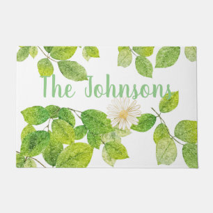 White Flower and Green Leaves Garden Doormat