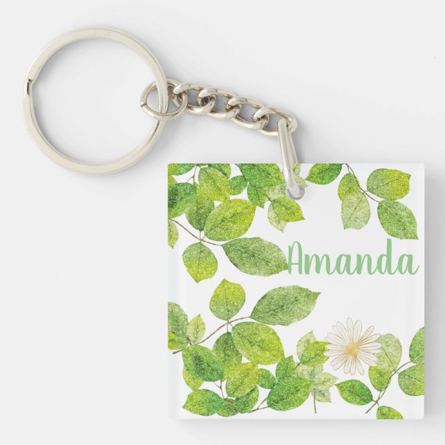 White Flower and Green Leaves Garden Key Ring (Front)
