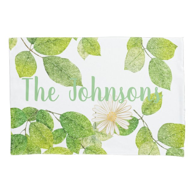 White Flower and Green Leaves Garden Pillowcase (Front)