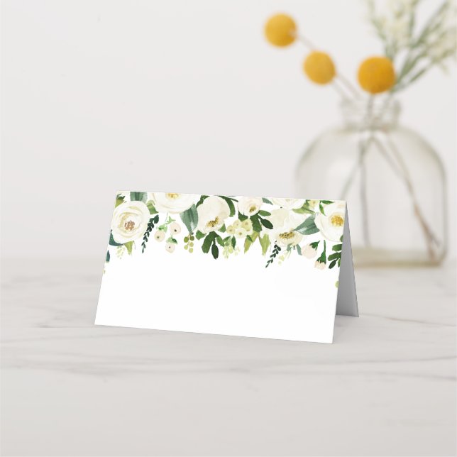 White Flower and Green Wedding Food Label Cards (Front)