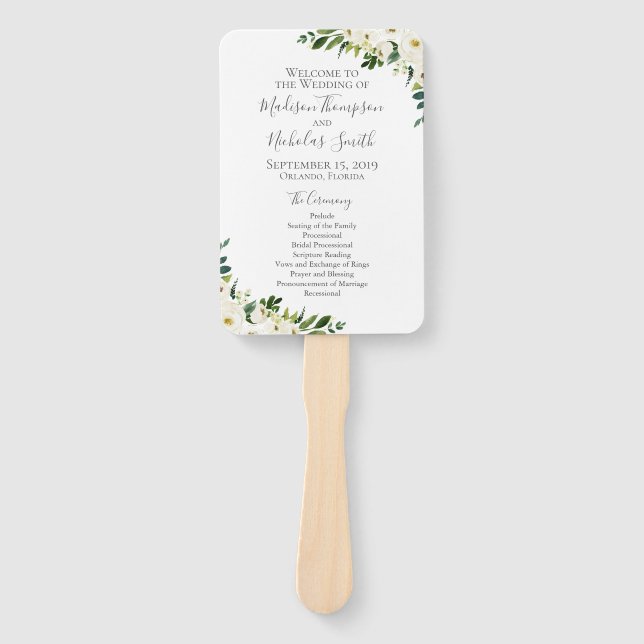 White Flower and Green Wedding Program Fans (Front)