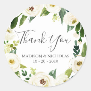 White Flower and Green Wedding Stickers Thank You