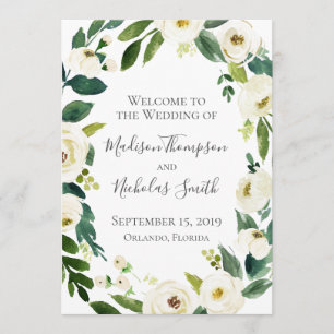 White Flower and Green Wreath Wedding Program Card