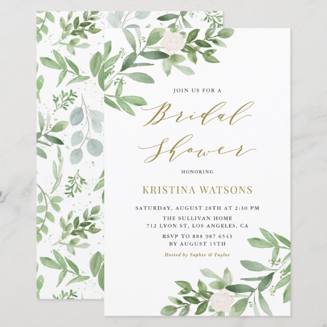 White Flower and Greenery Bridal Shower Invitation (Front/Back)