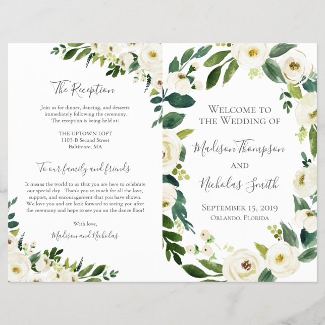 White Flower and Greenery Wedding Program Booklets Flyer (Front)