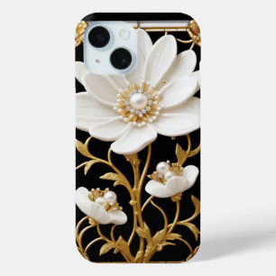White Flower Artwork with Luxurious Gold iPhone 15 Case