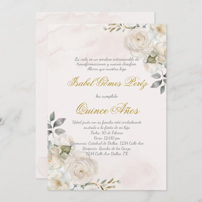 White flower beige Quince invitation in Spanish (Front/Back)