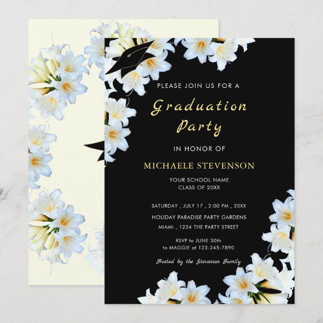 White Flower Black Graduation Invitation Gold Text (Front/Back)