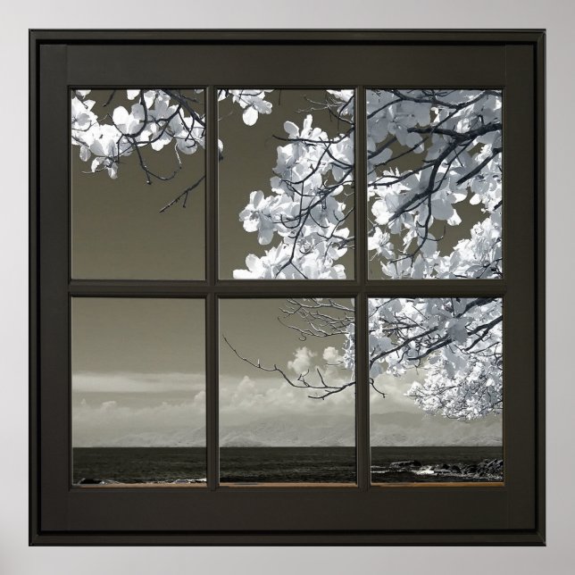 White Flower Blossoms 24x24 Black Faux Window Poster (Front)