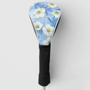 White Flower Blue Background Floral Leaves Pattern Golf Head Cover