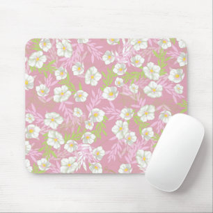 White Flower Blue Background Floral Leaves Pattern Mouse Pad