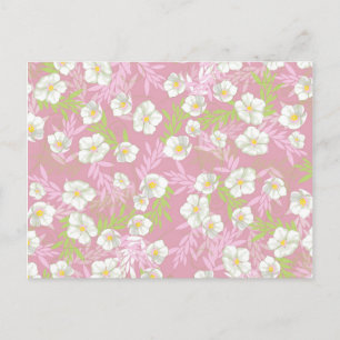 White Flower Blue Background Floral Leaves Pattern Postcard