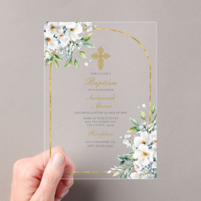 White flower bouquet Baptism Acrylic Invitations (Insitu (Handheld))
