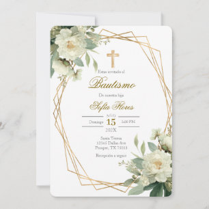 White flower bouquet Baptism in Spanish Invitation