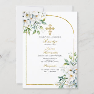 White flower bouquet Baptism Spanish Invitation