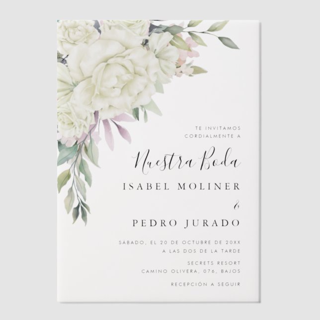 White Flower Bouquet Nuestra Boda Spanish Wedding Vellum Invitations (Front)