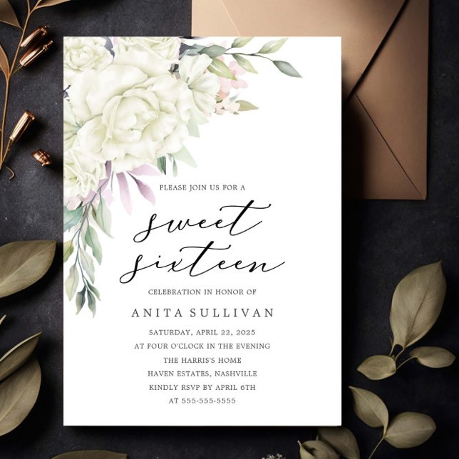 White Flower Bouquet Sweet Sixteen 16 Birthday Invitation (Creator Uploaded)