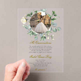 White flower dress Quinceanera with picture  Acrylic Invitations