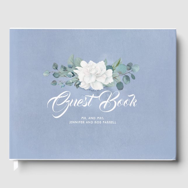 White Flower Dusty Blue Wedding Guest Book (Front)