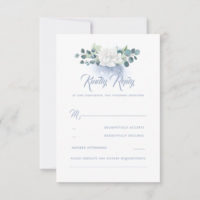 White Flower Dusty Blue Wedding RSVP Card (Front)