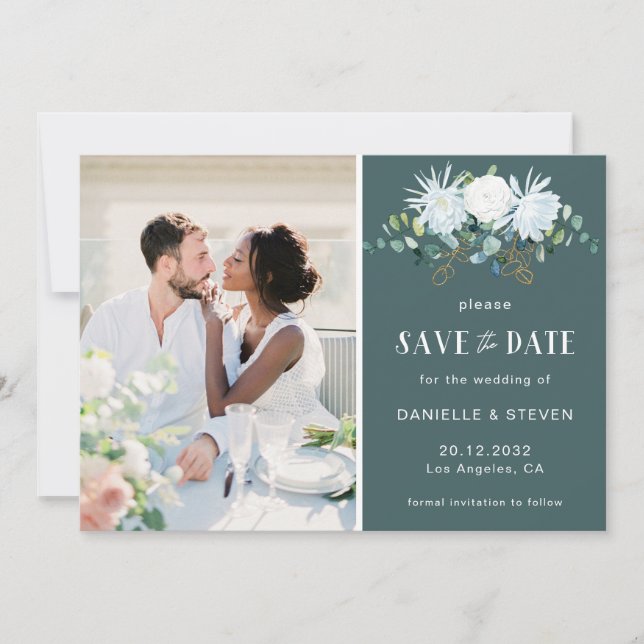 White flower eucalyptus elegant photo wedding save the date (Front)