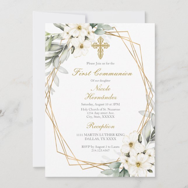 White flower first communion invitation  (Front)