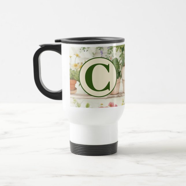 White Flower Garden Plants Watercolor Monogram Travel Mug (Left)