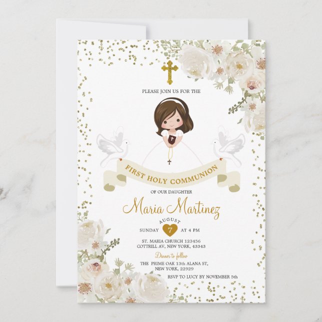 White Flower Girl 1st Holy Communion Gold Glitter Invitation (Front)