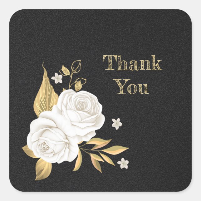 white flower gold leaves black  square sticker (Front)