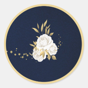 white flower gold leaves navy blue classic round sticker
