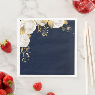 white flower gold leaves navy blue napkin