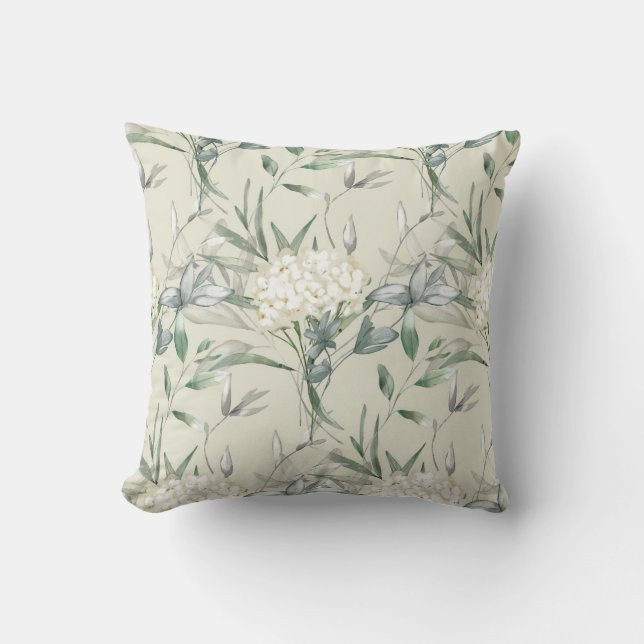 White Flower Green & Grey Background Throw Pillow (Front)