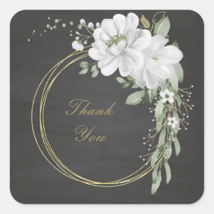 white flower green leaves gold wreath black  square sticker
